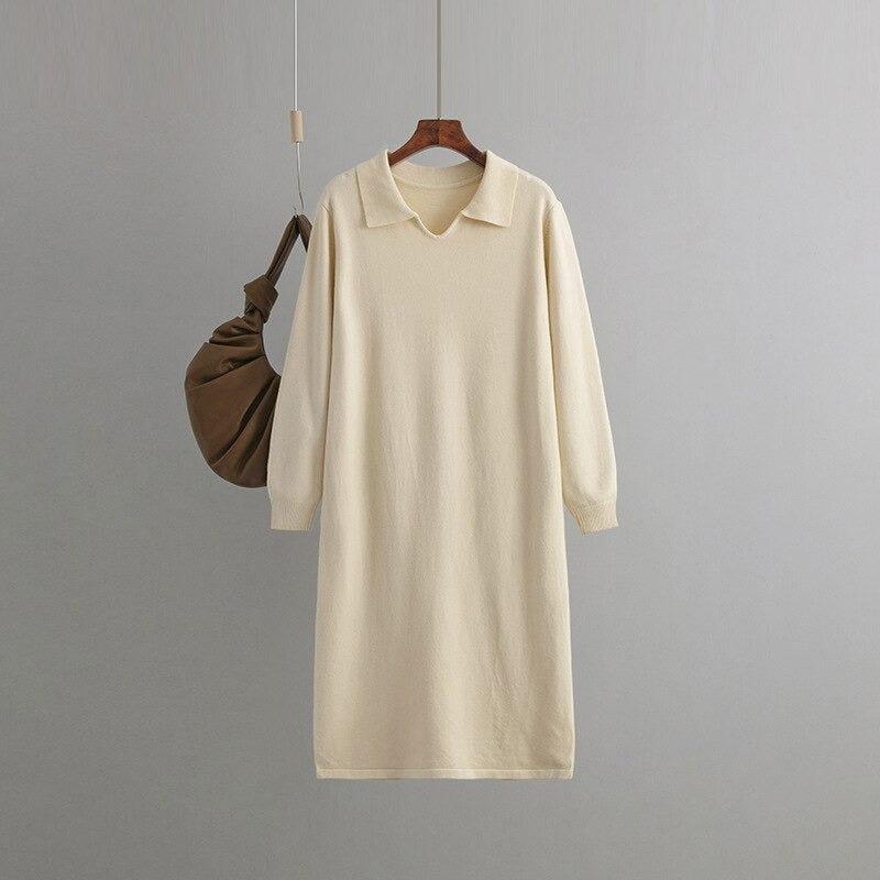 Polo Neck Loose Oversized Knitted Sweater Dress