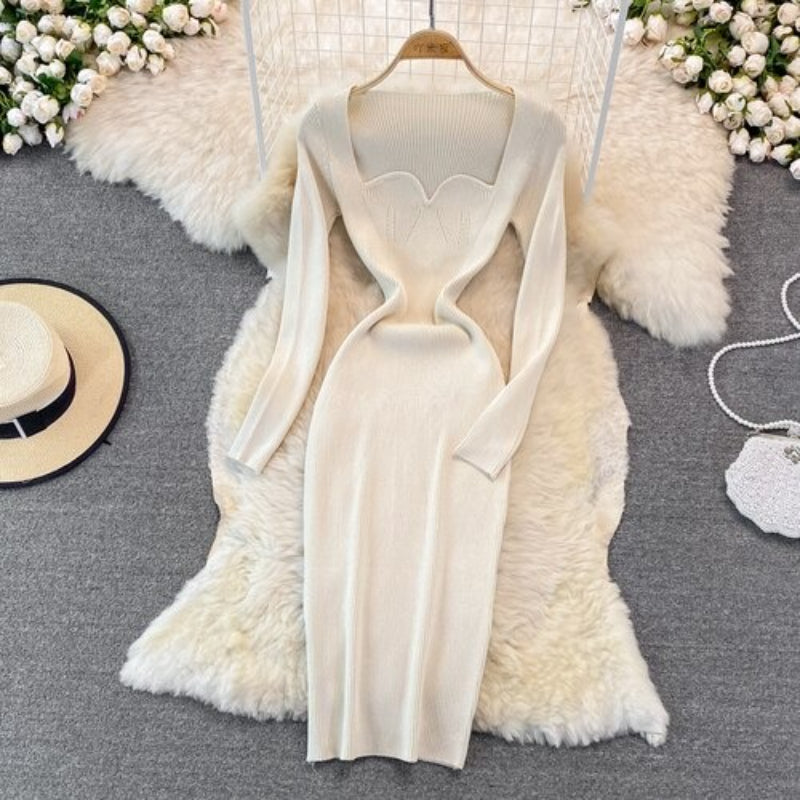 Women's Low-Neck Leaky Tight Stretch Knitted Dress Off-White One Size