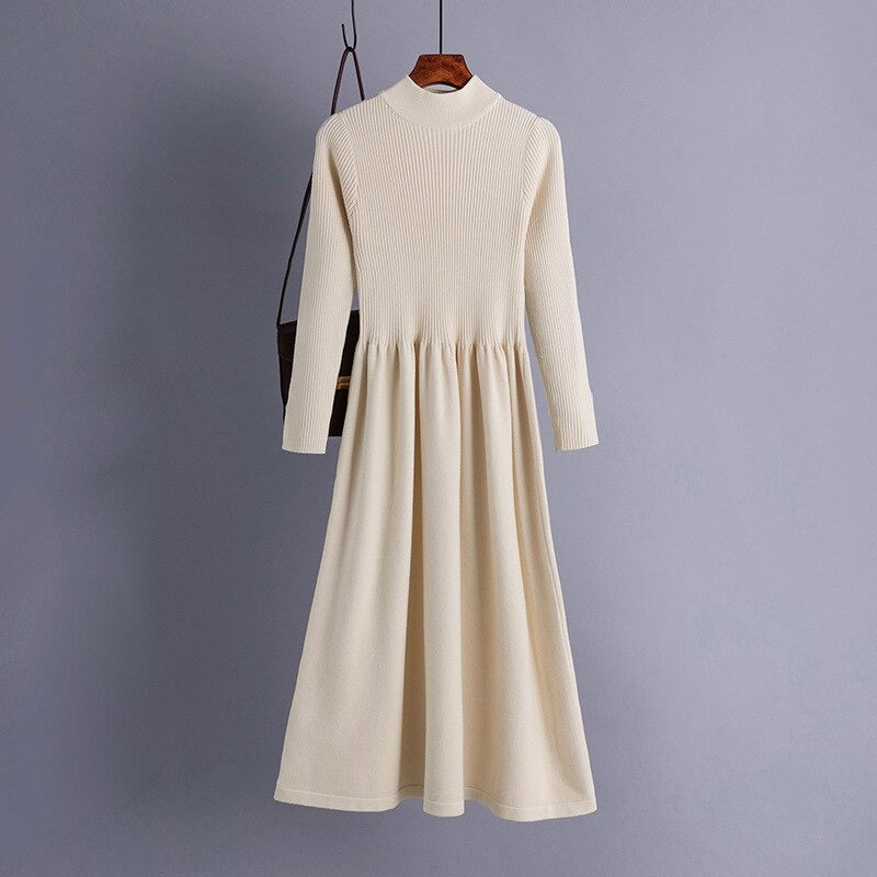 Thick Warm Long Midi A-Line Knitted Sweater Dress One Size Off-White