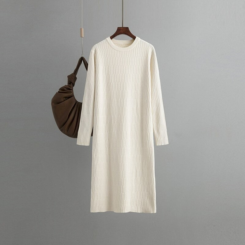 Women's Vintage Ribbed O-Neck Long Sweater Dress One Size Off-White