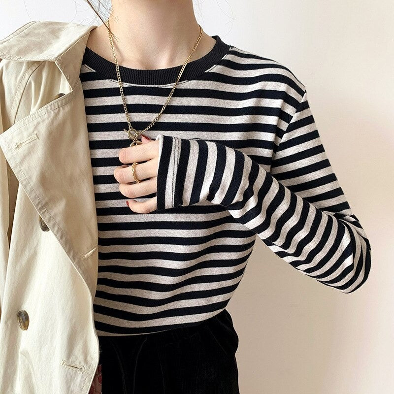 Casual Thick Stripes Knitted Cotton T-Shirts For Women