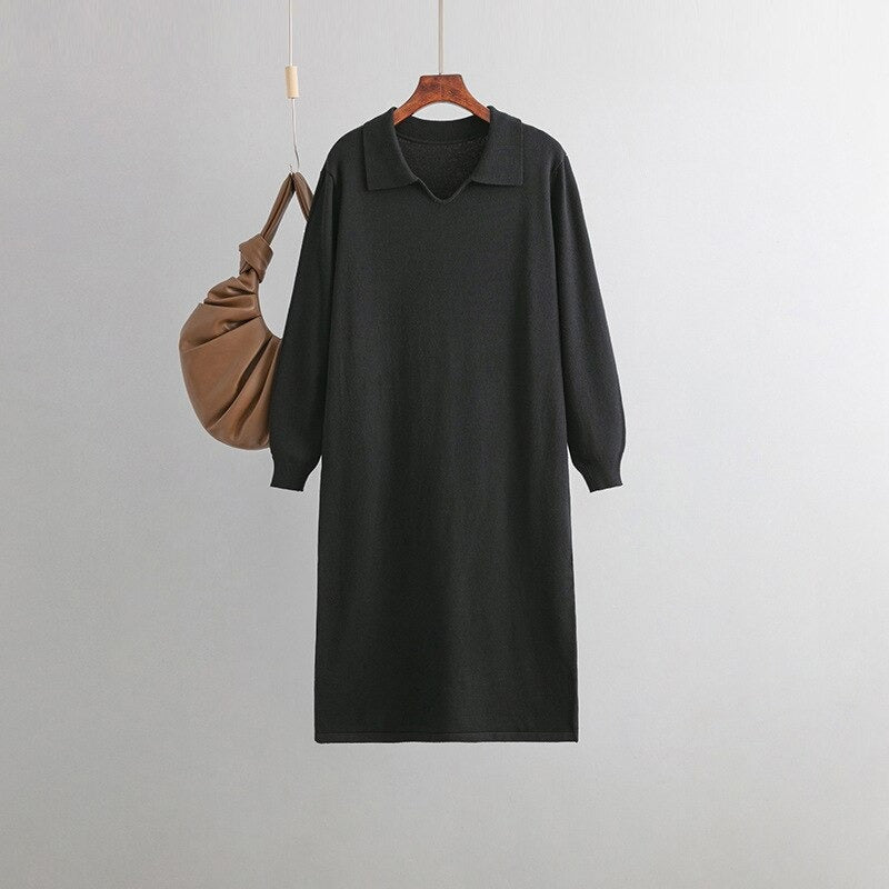 Polo Neck Loose Oversized Knitted Sweater Dress One Size Black