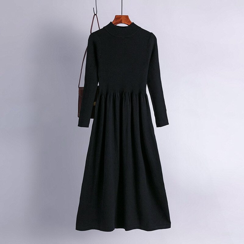 Thick Warm Long Midi A-Line Knitted Sweater Dress One Size Black