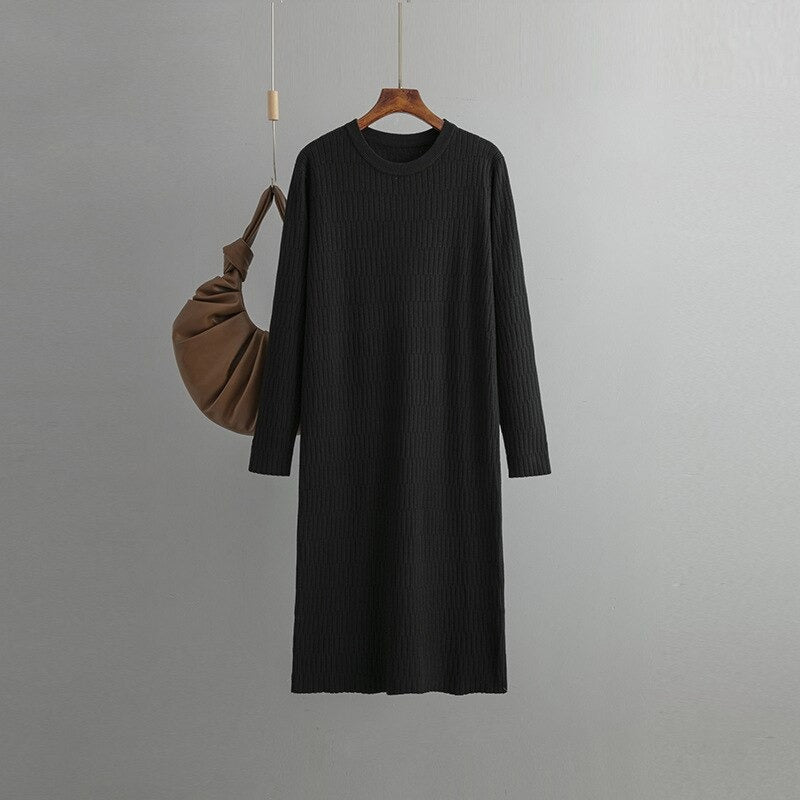 Women's Vintage Ribbed O-Neck Long Sweater Dress One Size Black