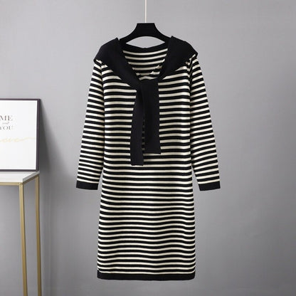 Women's Hooded Loose Striped Sweater Dresses With Shawl