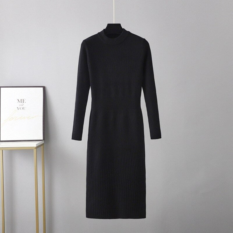 Half Turtleneck Over-The-Knee Fit Knitted Sweater Dress One Size Black