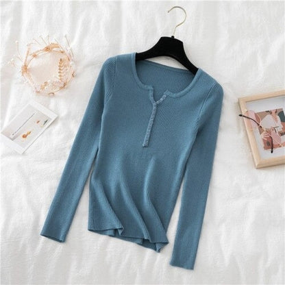 V-Neck Knitted Thin Long Sleeves Pullover For Women