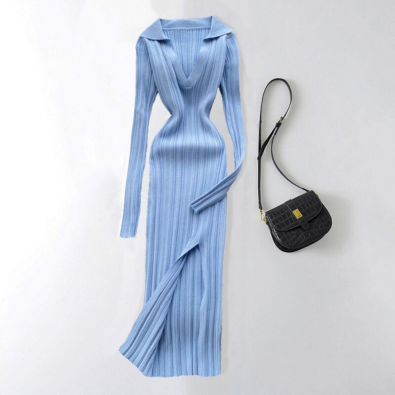 Slit Slim Knitted Square Neck Sheath Sweater Dress One Size Blue