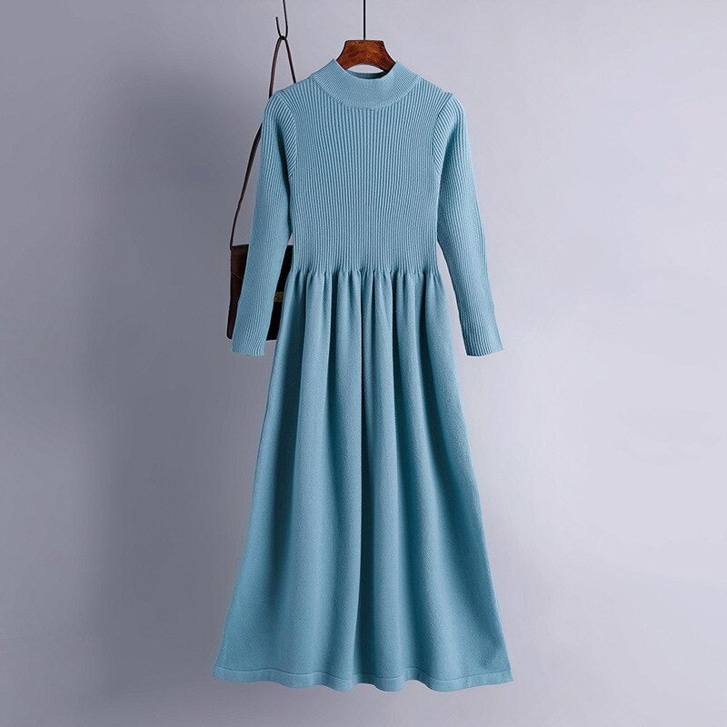 Thick Warm Long Midi A-Line Knitted Sweater Dress One Size Blue