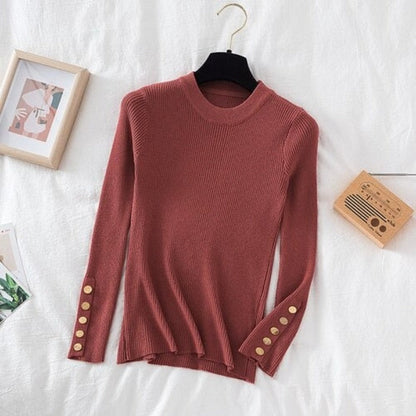 O-Neck Knitted Long Pullover With Buttons For Women
