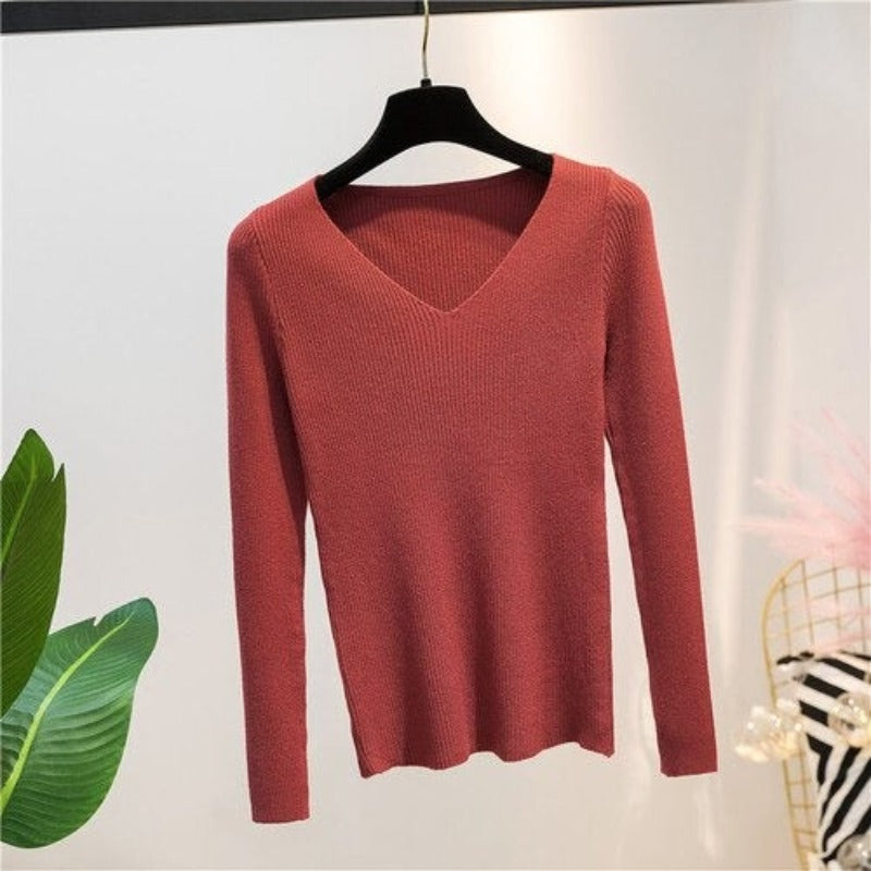 V-Neck Knitted Long-Sleeved Slim Tight Pullover For Women Brick Red One Size