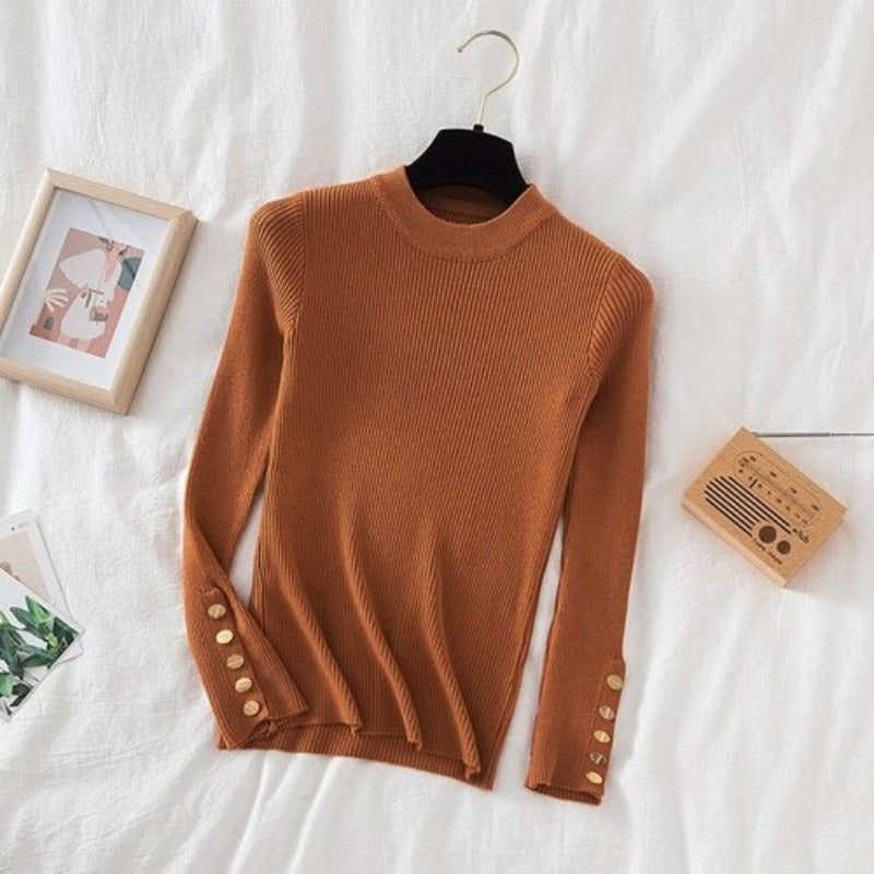 O-Neck Knitted Long Pullover With Buttons For Women