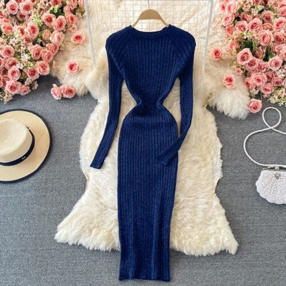 Bright Silk Elegant Knitted Long Sleeve Dress For Women Dark Blue One Size