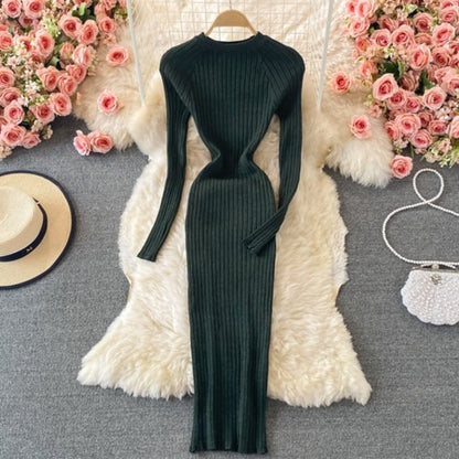 O-Neck Winter Knitted Bodycon Sweater Dress Dark Green One Size