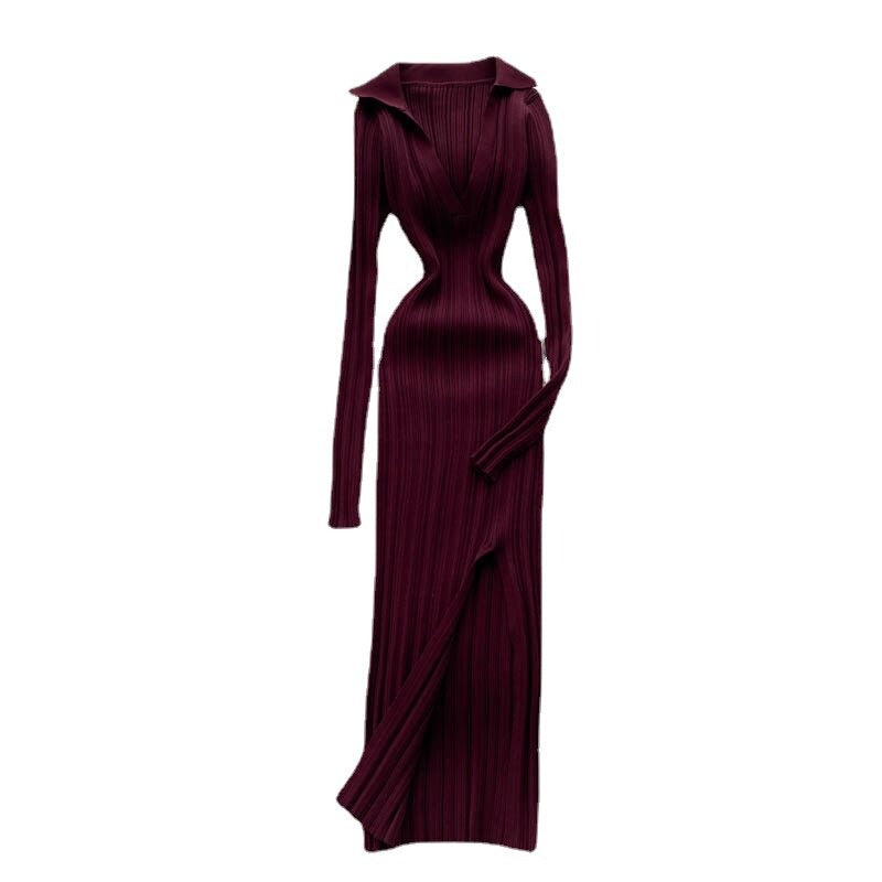 Slit Slim Knitted Square Neck Sheath Sweater Dress One Size Burgundy