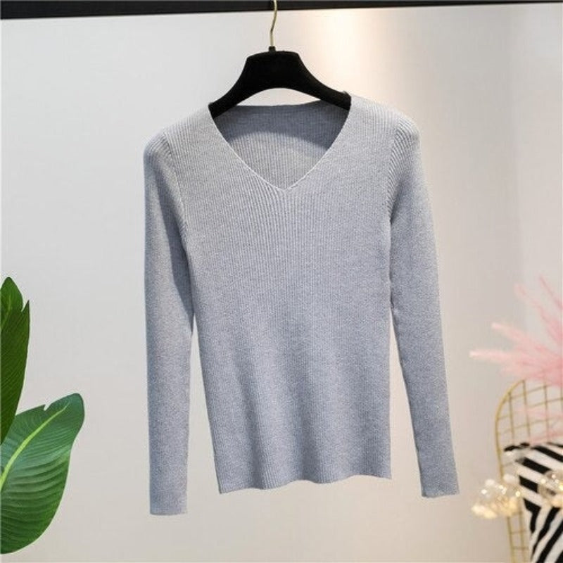 V-Neck Knitted Long-Sleeved Slim Tight Pullover For Women Gray One Size