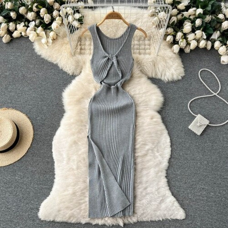 Split Knitted Casual Twisted Hollow Slim Dress For Women Gray One Size