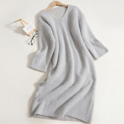 Warm V-Neck Long Bottomed Knitted Sweater Dress For Women