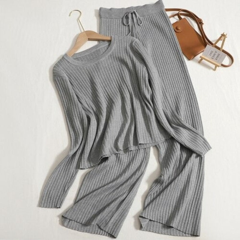 Warm Knitted Two Piece Tops And Pants Sets