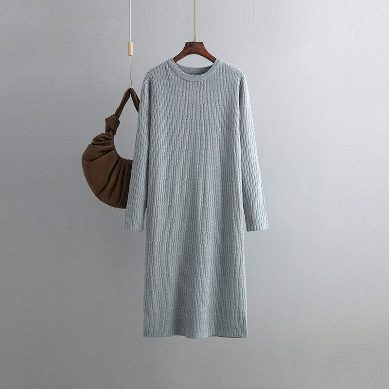 Women's Vintage Ribbed O-Neck Long Sweater Dress One Size Gray