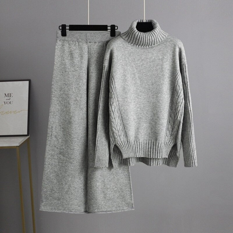 Thick Turtleneck Pullover And Wide Leg Pants For Women