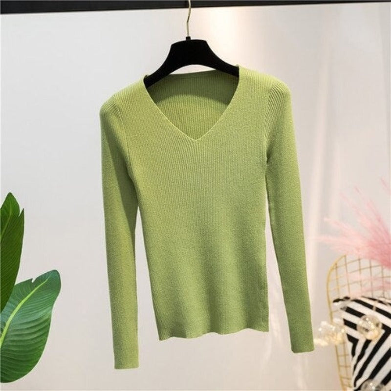 V-Neck Knitted Long-Sleeved Slim Tight Pullover For Women Green One Size