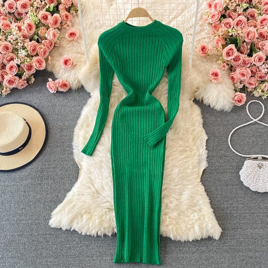 O-Neck Winter Knitted Bodycon Sweater Dress