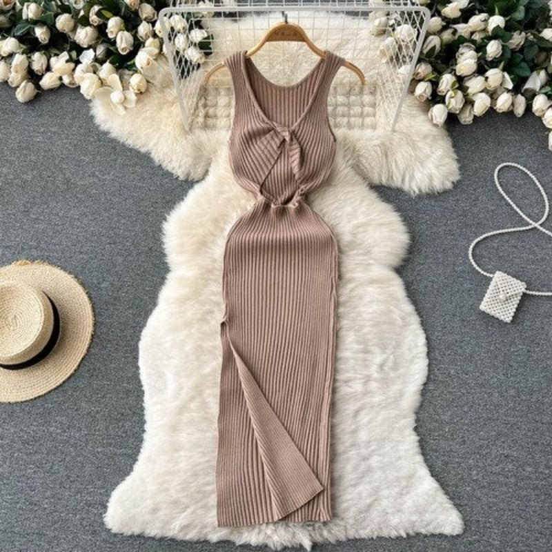 Split Knitted Casual Twisted Hollow Slim Dress For Women