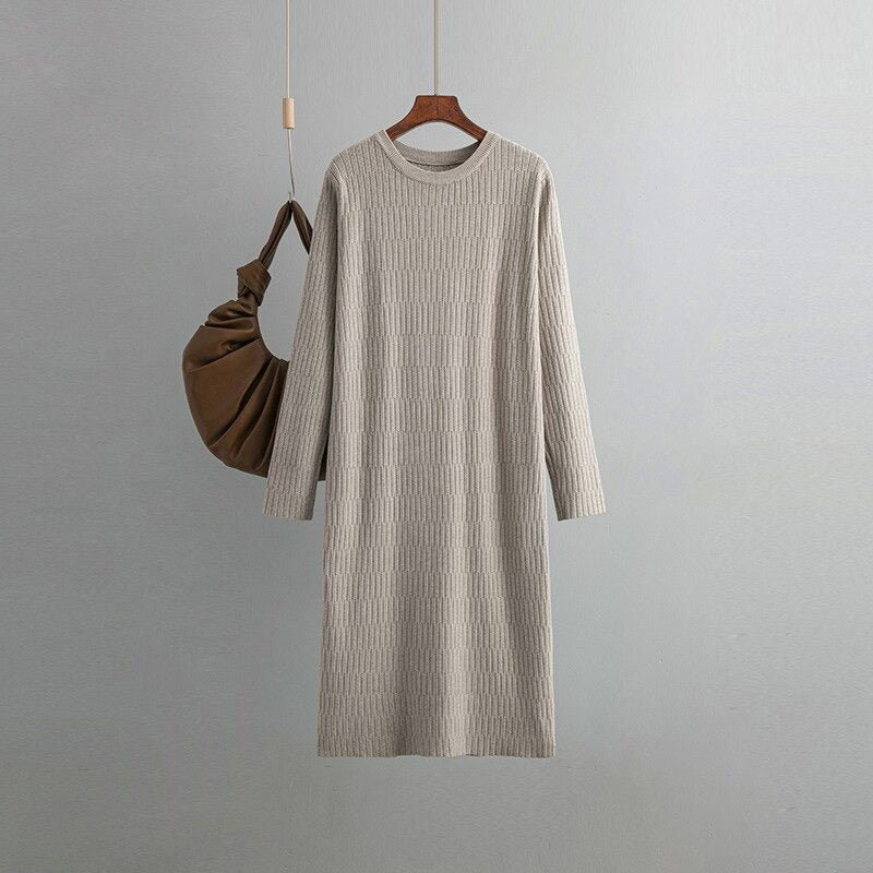 Women's Vintage Ribbed O-Neck Long Sweater Dress One Size Khaki