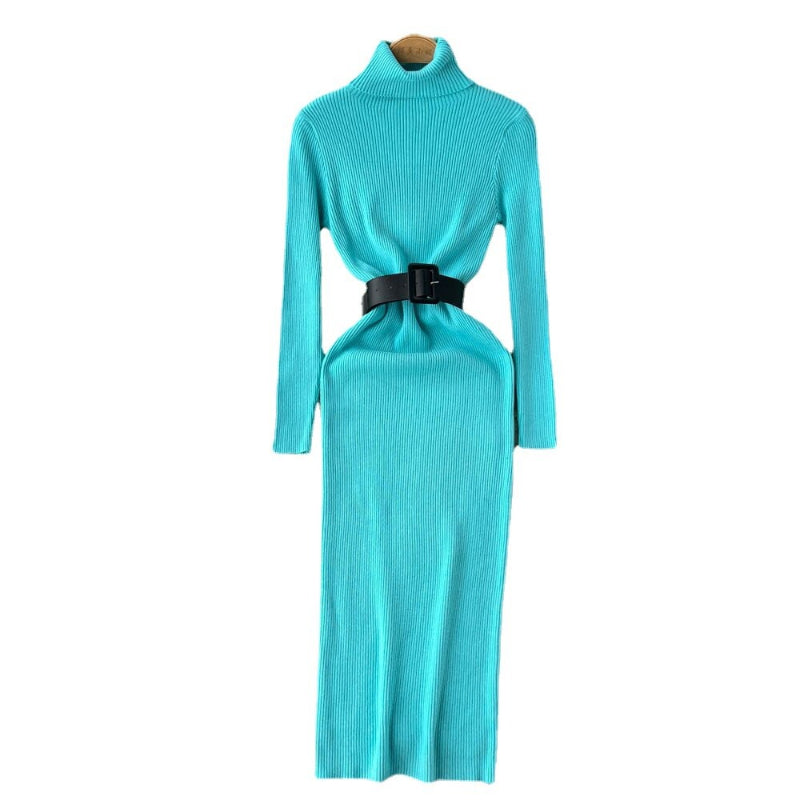 Long Turtleneck A-Line Knitted Bodycon Dress With Belt