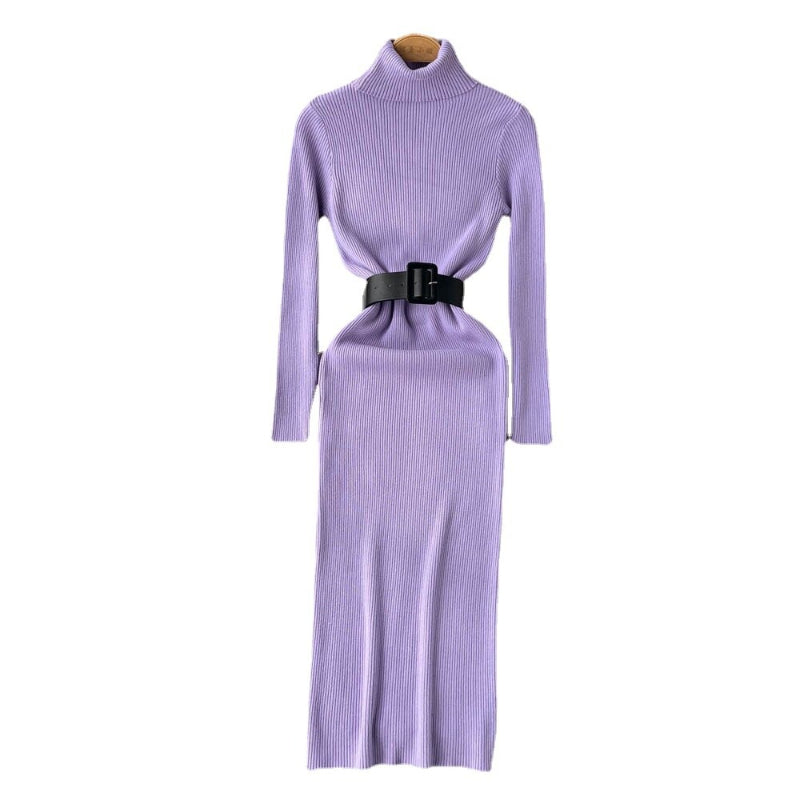 Women's Turtleneck A-Line Knitted Bodycon Dress With Belt One Size Lavender