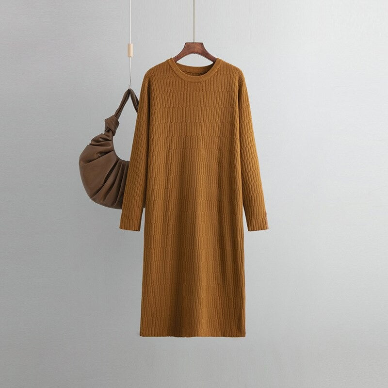 Women's Vintage Ribbed O-Neck Long Sweater Dress One Size Brown