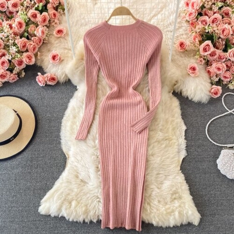 Bright Silk Elegant Knitted Long Sleeve Dress For Women