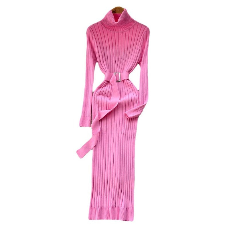 Knitted Waist Slimming Long Bodycon Dress With Belt