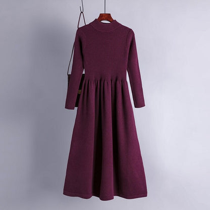 Thick Warm Long Midi A-Line Knitted Sweater Dress One Size Burgundy