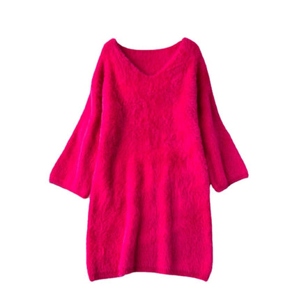 Loose V-Neck Vintage Knitted Sweater Dress