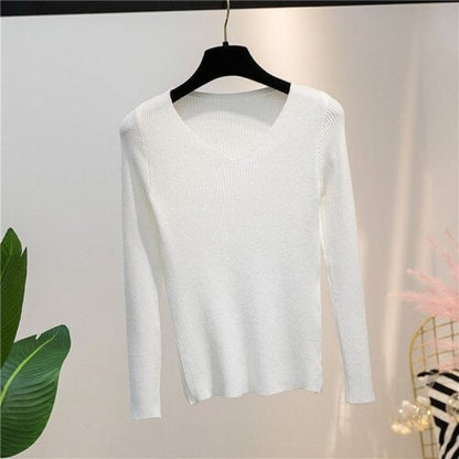 V-Neck Knitted Long-Sleeved Slim Tight Pullover For Women White One Size