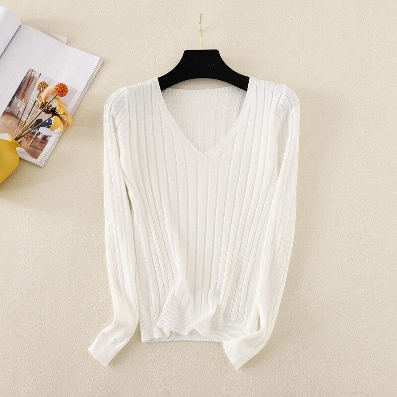 Basic V-Neck Solid Bodycon Knitted Sweater For Women