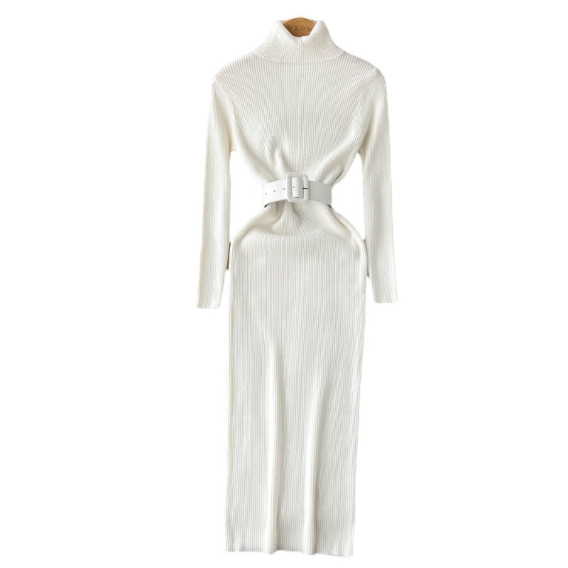 Women's Turtleneck A-Line Knitted Bodycon Dress With Belt One Size White