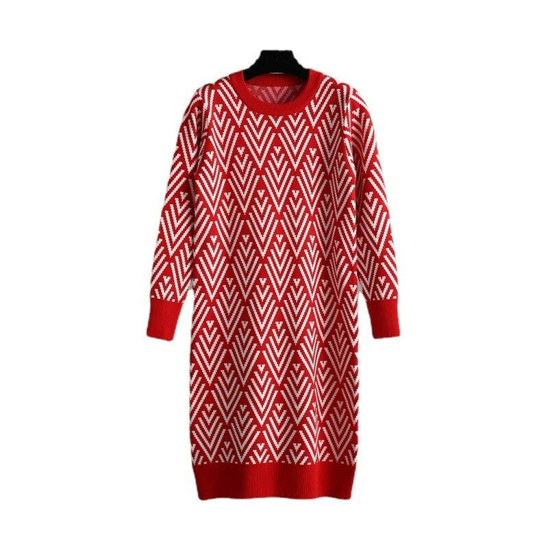 Multicolor Printed O Neck Knit Sweater Dress For Women