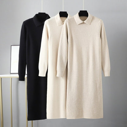 Oversized Polo Collar Knitted Long Straight Sweater Dress
