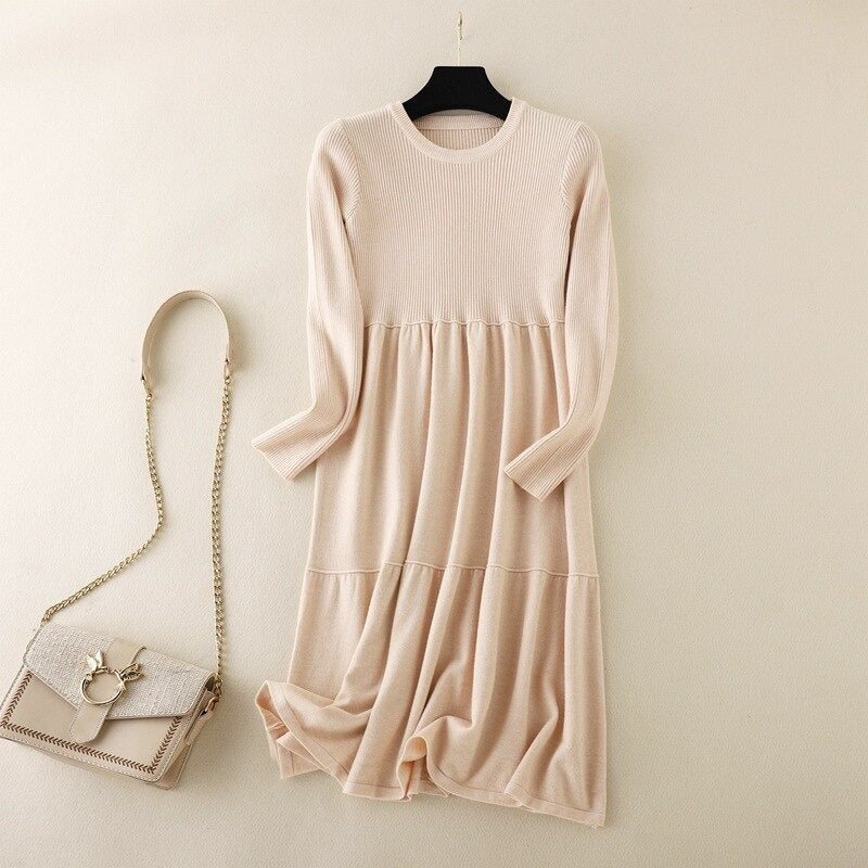 Loose A-Line Knitted Long Sweater Dress Beige One Size