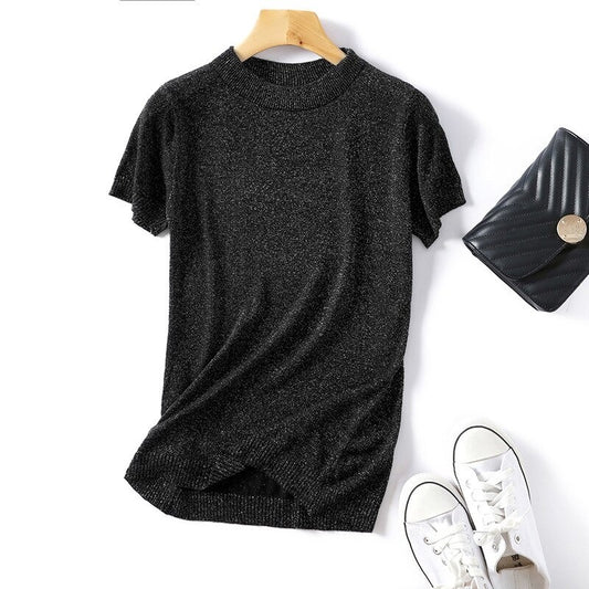 Shiny Knitted Slim O-Neck Sweater Shirt For Women
