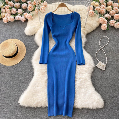 Elegant Low Neck Long Sleeve Dress For Women Dark Blue One Size