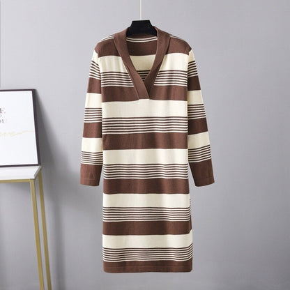 V-Neck Loose Striped Knitted Warm Sweater Dress For Women One Size Brown