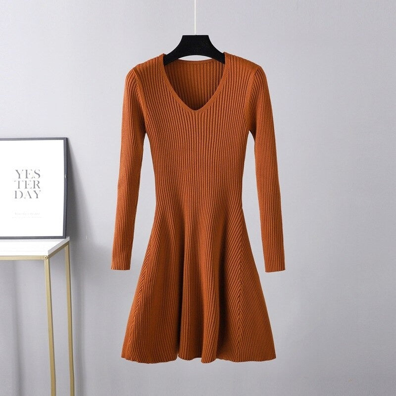 Autumn Oversize V-Neck Knitted Sweater Dress For Women