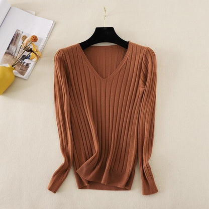 Basic V-Neck Solid Bodycon Knitted Sweater For Women