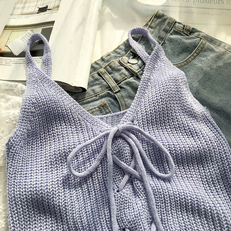 Casual Solid Cross Tie Bow Cami's