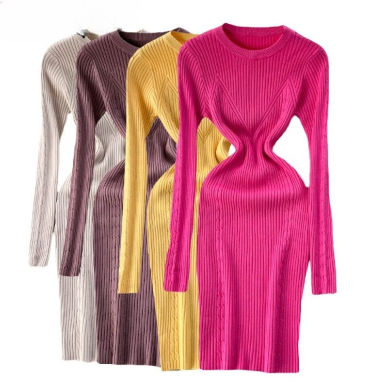 Elegant Winter O-Neck Knit Sweater Dress For Women