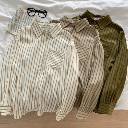 Korean Vertical Striped Long-Sleeved Shirt For Women